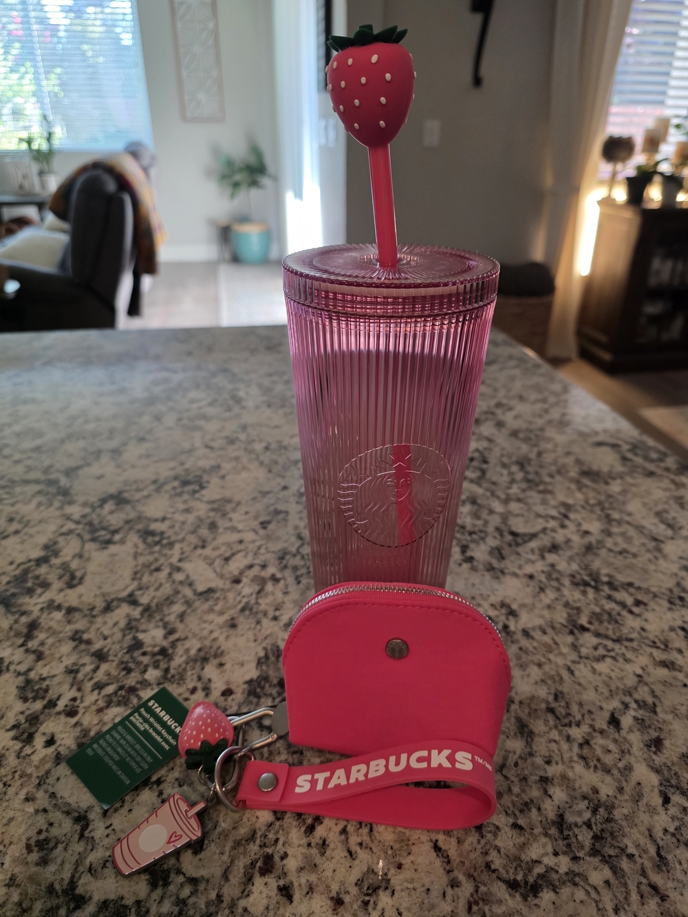 Starbucks Pink Ribbed Tumbler with Strawberry Straw